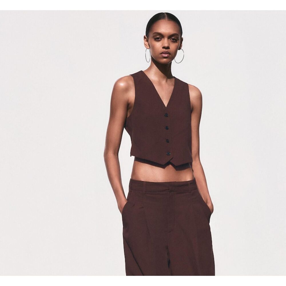 ZARA Linen Blend Cropped Open Back Waistcoat Top‎ Brown Large